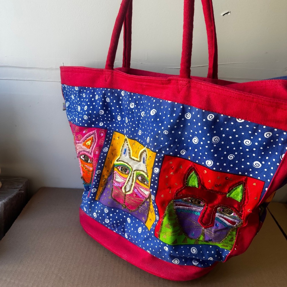 Laurel Burch Canvas Tote Bag Red Blue Three Cats Sequin Embroidered Shoulder Bag - Picture 2 of 16